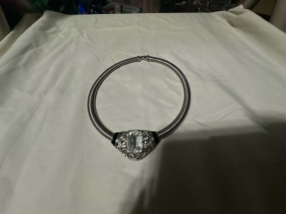 Givenchy Silver Tone Omega Chain Crystal Choker Necklace